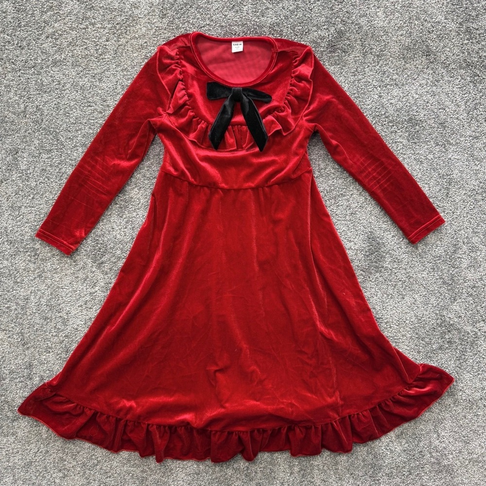 Kids Girls Red Velvet Long Sleeve Ruffle Bow Dress Size 7Y Christmas Concert